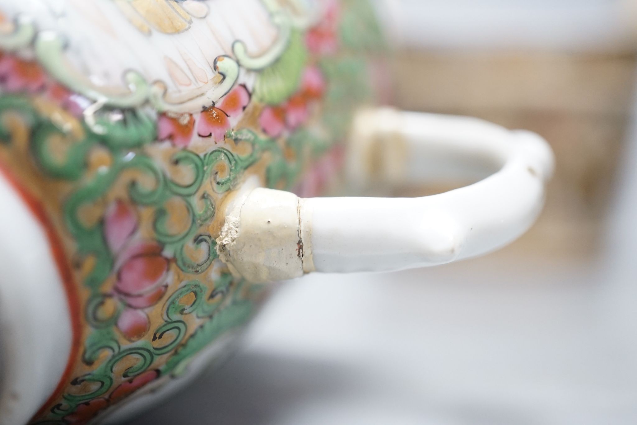 A Chinese famille verte jar, a Chinese enamelled porcelain stem dish, a famille rose cup and a Japanese Satsuma pottery model of a bucket, tallest 15.5cm